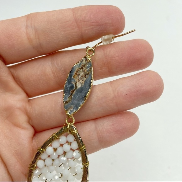 Druzy Stone White Beaded Cats Eye Drop Earrings - Picture 7 of 8